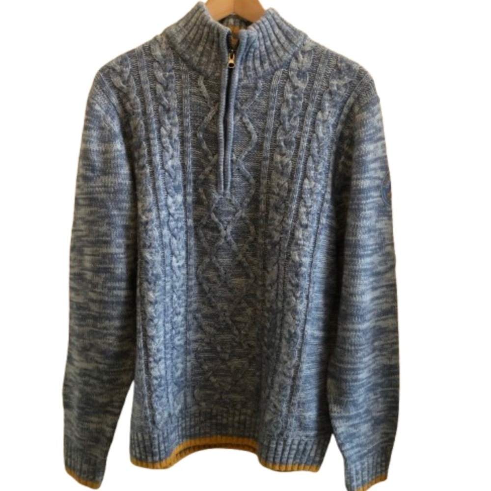 Men's Blue Cable Knit Quarter Zip Sweater Medium